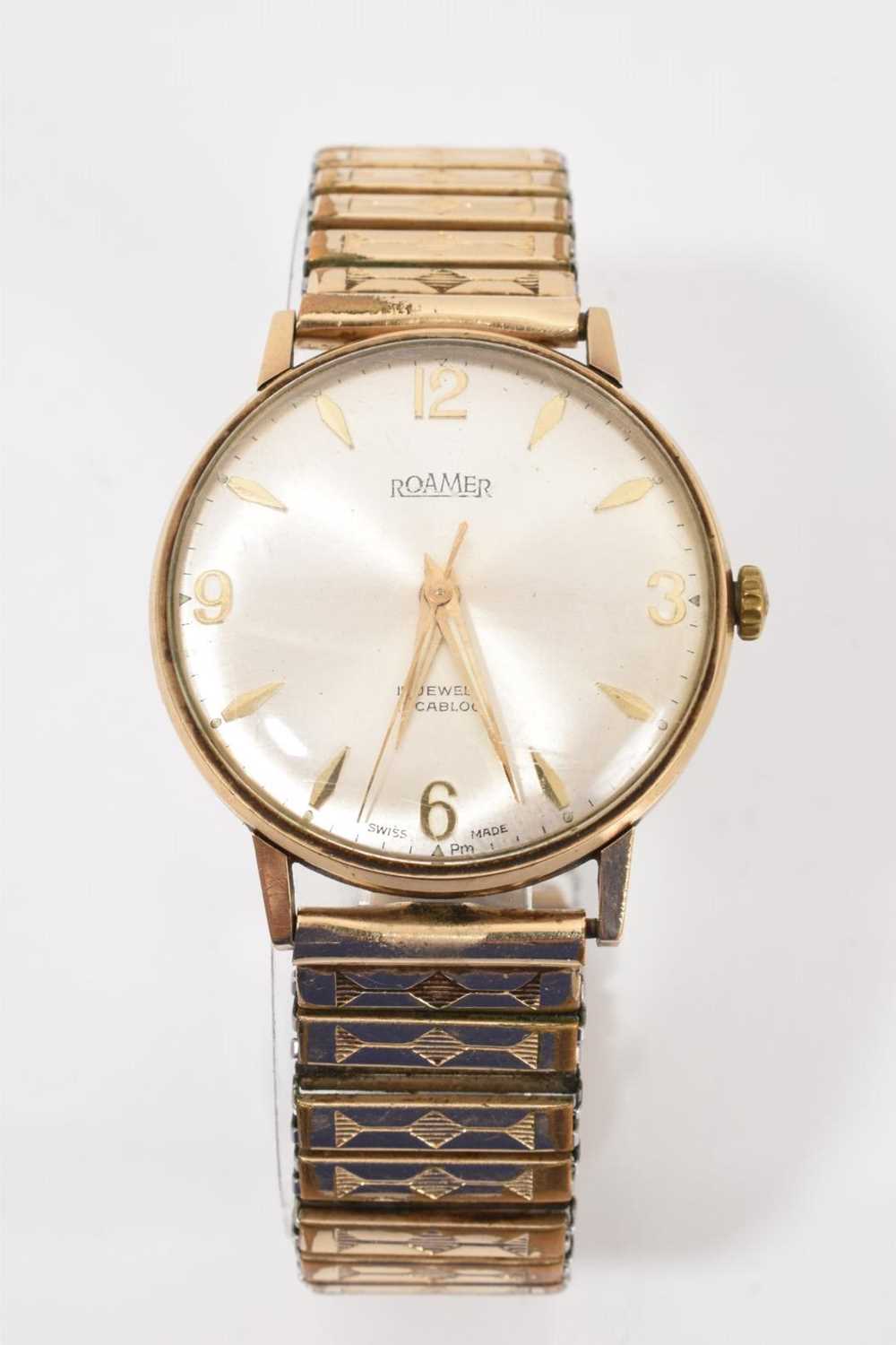 Lot 778 - 1960s Roamer 9ct gold wristwatch with manual-wind 17 jewel Incabloc movement, centre seconds, applied gold Arabic and dart hour markers on brushed satin dial, in circular 9ct gold case, 33mm dia...
