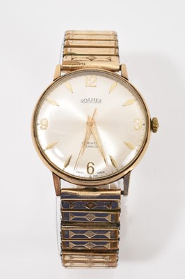 Lot 778 - 1960s Roamer 9ct gold wristwatch with manual-wind 17 jewel Incabloc movement, centre seconds, applied gold Arabic and dart hour markers on brushed satin dial, in circular 9ct gold case, 33mm dia...