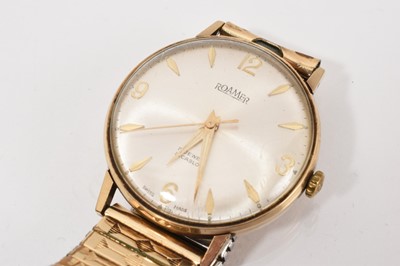 Lot 778 - 1960s Roamer 9ct gold wristwatch with manual-wind 17 jewel Incabloc movement, centre seconds, applied gold Arabic and dart hour markers on brushed satin dial, in circular 9ct gold case, 33mm dia...