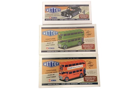 Lot 1856 - Corgi Mettoy 1:24 scale tinplate clockwork London Routemaster Bus No.MT00101, London Country Green Routemaster No.MT00106 & Austin FX4 London Taxi Black Cab No.MT00102, all boxed (3)