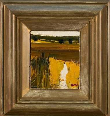 Lot 1035 - *Donald McIntyre (1923-2009) oil on canvas board - "Yellow Field", initialled, signed and titled verso, 16cm x 14cm, framed