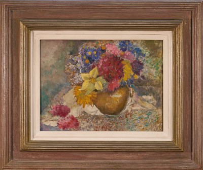 Lot 1032 - *Noel Laura Nisbet (1887-1956) oil on panel - Still Life Flowers in a Vase, studio stamp verso 24.5cm x 32.5cm, in painted frame