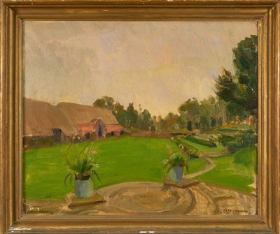 Lot 1031 - *Amy Katherine Browning (1881-1970) oil on board - Garden Landscape, signed, another landscape oil verso, 38cm x 45cm, in gilt frame