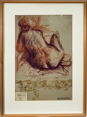 Lot 1030 - *Cynthia Pell (1933-1977) ink and wash sketch of a nude, with applied examination label dated 1952, 53cm x 35cm, in glazed frame