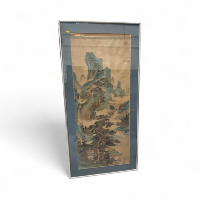 Lot 5169 - Chinese painting of a mountain landscape, signed, framed (slipped in frame), 121cm x 49cm