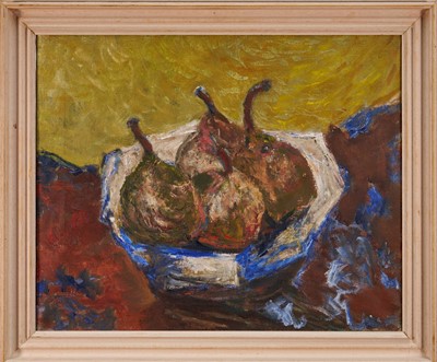 Lot 1050 - *Henryk Gotlib (1892-1966) oil on canvas - 'Four Pears in a Bowl', 1959, labels verso, 46cm x 56cm, framed