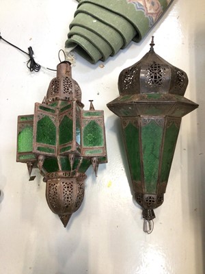 Lot 5134 - Two ceiling hanging lanterns with green glass