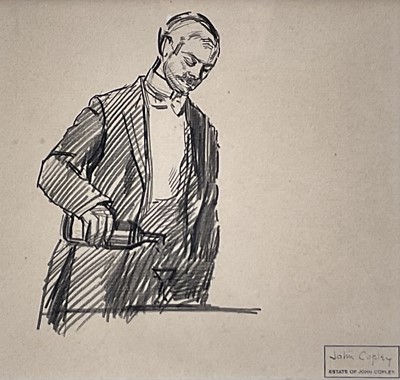 Lot 1093 - *John Copley (1875-1950) pencil drawing. - 'Pouring a Drink', with Estate stamp lower right, 17cm x 18cm, in glazed frame