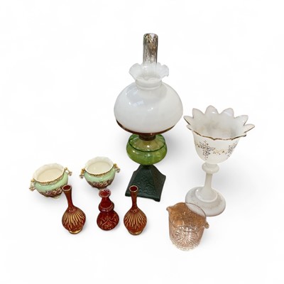 Lot 5144 - Group of three cranberry and gilt vases, an oil lamp, and other items