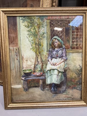 Lot 5154 - Small group of pictures, including a watercolour of a girl peeling potatoes by Julia Haywood