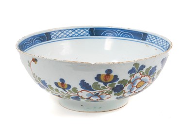 Lot 279 - 18th century English delftware bowl, the outside polychrome painted with flowers, the inside inscribed in blue 'Succes to Trade', with blue pattern to border, 26cm diameter