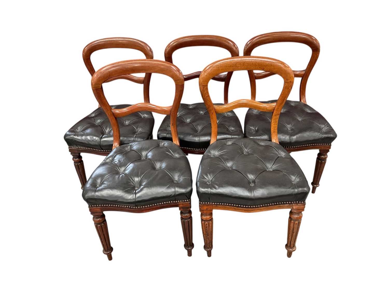 Lot 1256 - Set of five Victorian hoop back dining chairs, each with button upholstery, raised on fluted legs