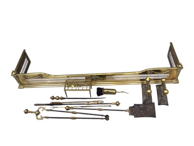 Lot 5163 - Brass fender together with other antique brass and iron fire tools