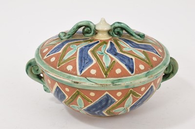 Lot 310 - Italian Della Robbia pottery twin handled bowl and cover, circa 1900, decorated with a geometric pattern, incised marks to base, 15cm wide including handles