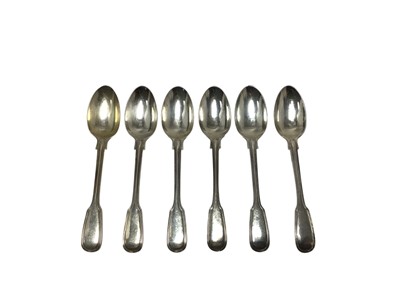 Lot 434 - Set of six Victorian silver fiddle and thread pattern teaspoons, (London 1876), maker George Adams, each 14.5cm in length, all at 6ozs.