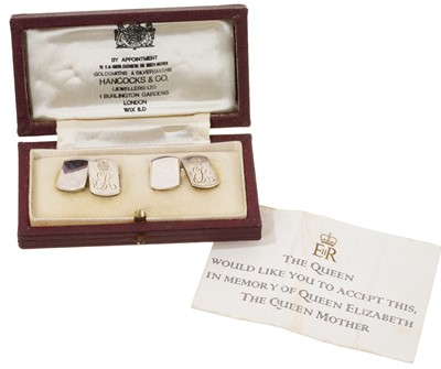 Lot 74 - H.M. Queen Elizabeth The Queen Mother, pair silver presentation cufflinks with crowned ER cyphers in original Hancocks & Co. Box with cypher to lid and with card from H.M.Queen Elizabeth II '...