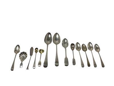 Lot 444 - Two Georgian silver Old English pattern tablespoons, together with other Georgian and later silver flatware, (various dates and makers), all at 10ozs.