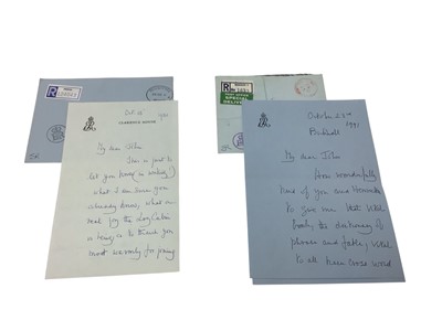 Lot 76 - H.M. Queen Elizabeth The Queen Mother, two handwritten thank you letters to her press secretary Major Sir John Griffin , thanking him for his contribution to the Log cabin at Birkhall which bring...
