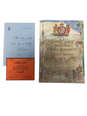 Lot 92 - H.M. Queen Elizabeth The Queen Mother, handwritten Christmas note, and other Royal ephemera belonging to Major Sir John Griffin K.C.V.O. Including seating tickets for Princess Margaret's funeral,...