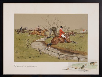 Lot 1147 - *Snaffles, Charles Johnson Payne (1884-1967) hand-coloured print - The Whissendine brook runs deep and wide, published by Messrs Fores, 50cm x 67cm, in glazed frame