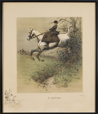 Lot 1151 - *Snaffles, Charles Johnson Payne (1884-1967) hand-coloured print - A Little Fizzer, with snaffle blindstamp, 45cm x 38cm, in glazed frame