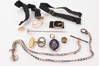 Lot 698 - Group of antique jewellery to include a Victorian gold, blue enamel and rose cut diamond floral locket pendant, 18ct gold cufflink with an oval diamond set mount, gold buckles on black ribbon an...