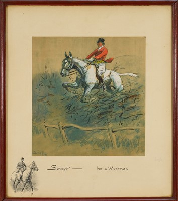 Lot 1152 - *Snaffles, Charles Johnson Payne (1884-1967) signed hand-coloured print - Swagger, but a workman, with snaffle blindstamp, 42cm x 37cm, in glazed frame