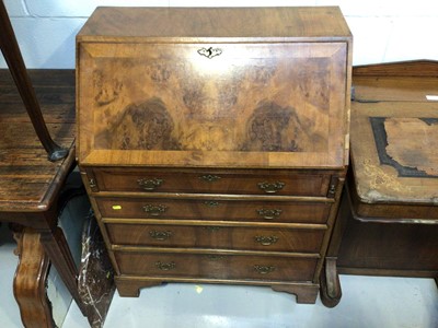 Lot 5335 - Walnut bureau with four drawers and swan neck handles, measuring approximately 96cm tall x 73cm wide
