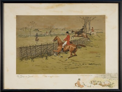 Lot 1155 - *Snaffles, Charles Johnson Payne (1884-1967) hand-coloured print - The Stake and Bound, 50cm x 69cm, in glazed frame