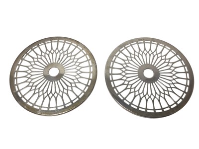 Lot 467 - Pair 1920s silver mounted glass teapot stands of circular form, with pierced decoration (Birmingham 1923) Adie Brothers Ltd. 12.7cm diameter.