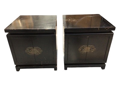 Lot 5312 - Pair of Chinese bedside cabinets painted black with brass decoration to the front measuring approximately 56cm tall x 51cm wide x 51cm deep