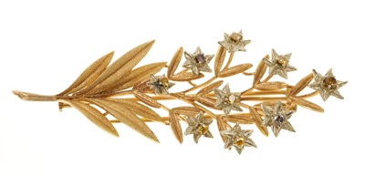 Lot 712 - Buccellati 18ct gold and coloured diamond floral spray brooch, the white gold flowers with coloured diamonds and textured rose gold and yellow gold leaves, signed. 70mm.