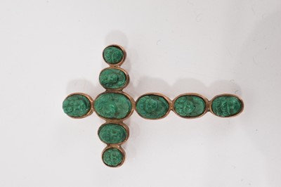 Lot 715 - Georgian carved malachite cross with nine malachite panels carved in relief depicting faces, in rose gold setting, 38mm.