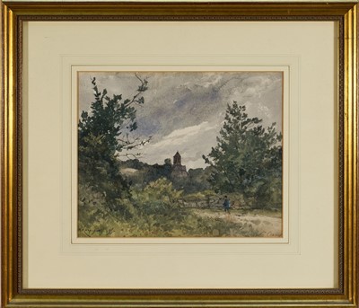 Lot 1018 - Henri Joseph Harpignies (1819-1916) watercolour - Figure in a Lane, signed and dated '95, 22cm x 28cm, in glazed gilt frame