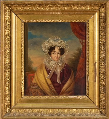 Lot 1016 - Dutch School, early 19th century, oil on panel - portrait of Johanna Susanna Hartsinck, handwritten label verso, 26.5cm x 23cm, in gilt frame