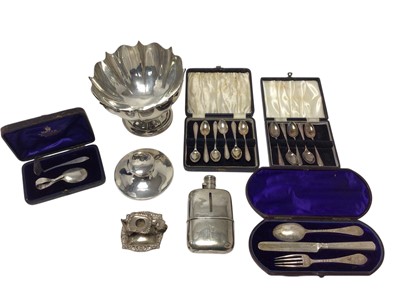 Lot 451 - Group of miscellaneous silver to include an Edwardian silver rose bowl, (Birmingham 1907), Victorian silver hip flask, (London 1891), capstan inkwell and assorted flatware, (various dates and ma...