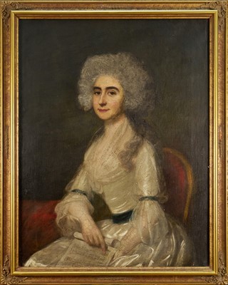 Lot 1168 - Follower of Thomas Gainsborough (1727-1788) oil on canvas - Portrait of a Lady, seated with a music score, 92cm x 71cm, in gilt frame