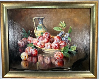 Lot 92 - Tina Masoero Vezzetti - Early 20th century oil on canvas, still life with fruit and jug