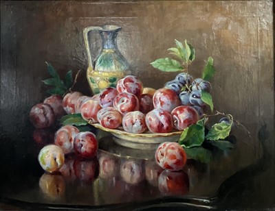 Lot 92 - Tina Masoero Vezzetti - Early 20th century oil on canvas, still life with fruit and jug