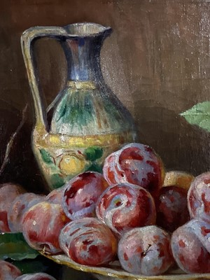 Lot 92 - Tina Masoero Vezzetti - Early 20th century oil on canvas, still life with fruit and jug