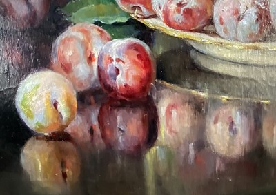 Lot 92 - Tina Masoero Vezzetti - Early 20th century oil on canvas, still life with fruit and jug