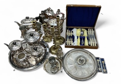 Lot 5040 - Silver sugar caster, together with a canteen of cutlery, group of silver plate and other metal wares.