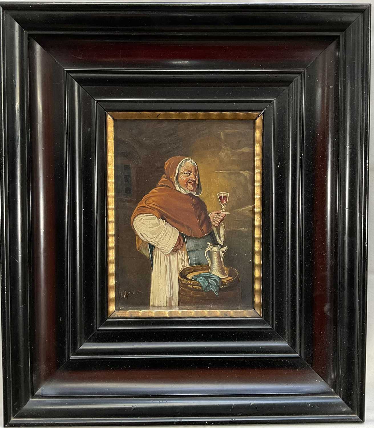 Lot 89 - H S Springer (20th century) oil on board, monk in a wine cellar