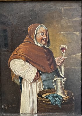 Lot 89 - H S Springer (20th century) oil on board, monk in a wine cellar