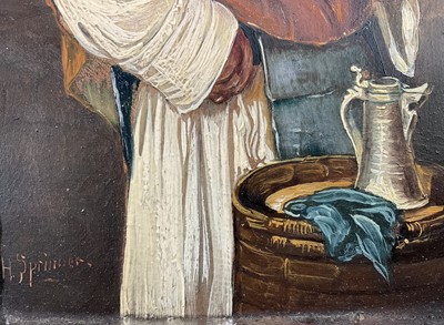 Lot 89 - H S Springer (20th century) oil on board, monk in a wine cellar