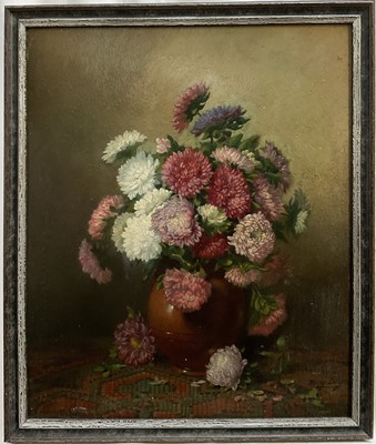 Lot 107 - Mid 20th century oil on board - chrysanthemums in a vase, signed Tony Day.