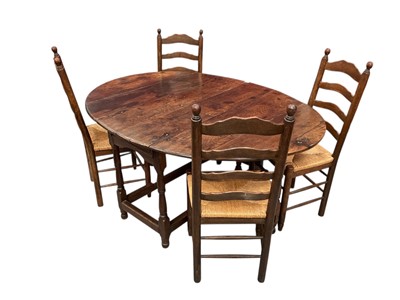 Lot 1260 - Early 18th century oak drop leaf dining table, and set of eight ladder back chairs