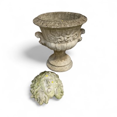 Lot 5355 - Large, reconstituted stone garden planter, 64cm high, and an ornamental mask (2)