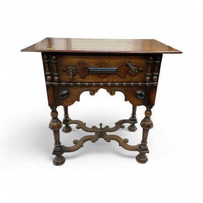 Lot 5377 - Good quality 1920s William & Mary revival oak side table with single drawer, applied mouldings, shaped apron on faceted baluster legs joined by shaped stretchers on bun feet