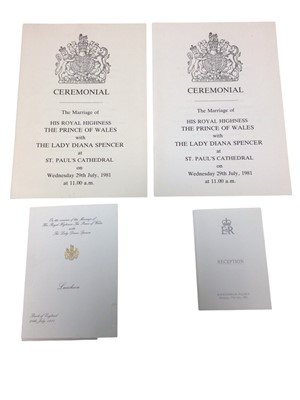 Lot 101 - The Marriage of H.R.H. The Prince of Wales to Lady Diana Spencer, 29th June 1981, three Orders of Service and two Ceremonials and Wedding Reception guest list and Bank of England luncheon seatin...